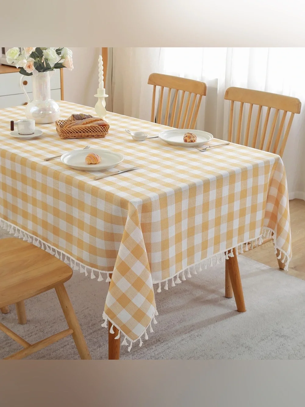 BUFFALO Checkered Gingham Tablecloth Tassel Trim Cotton SQUARE 55x55” YELLOW